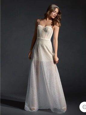 Azazie Ivory Beaded Spaghetti-Strap Wedding Gown